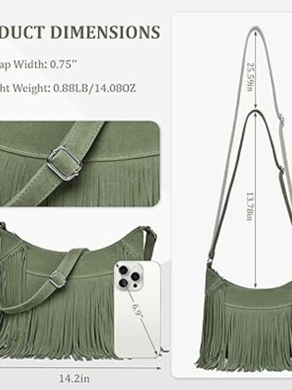 Boho Hobo Crossbody Bag Fringe Tassel Western PU Leather Purse green - Picture 5 of 5